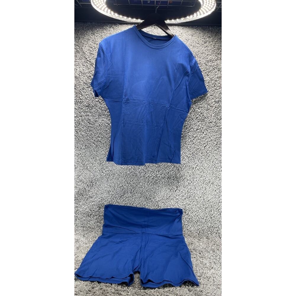 Women's Matching Tshirt And Biker Shorts 2 Piece Lounge Set 2XL Blue Stretchy